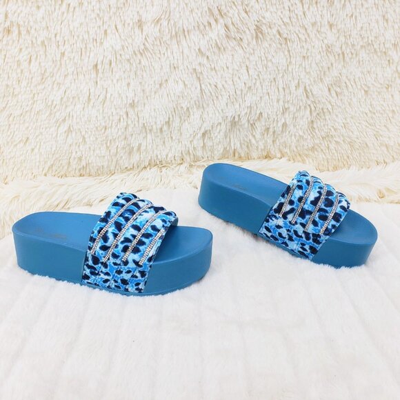 Beach Day Blue Leopard Slip on Platform Sandals Rhinestone Details - Picture 9 of 12